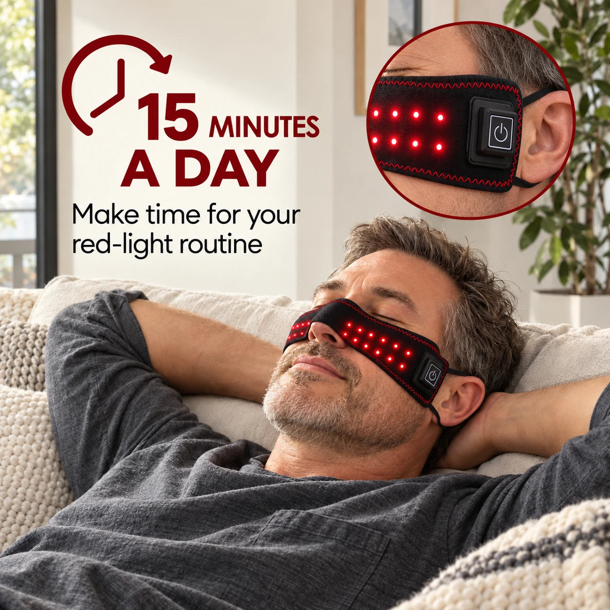 Man relaxing on the sofa wearing the Sinus red light nasal wrap