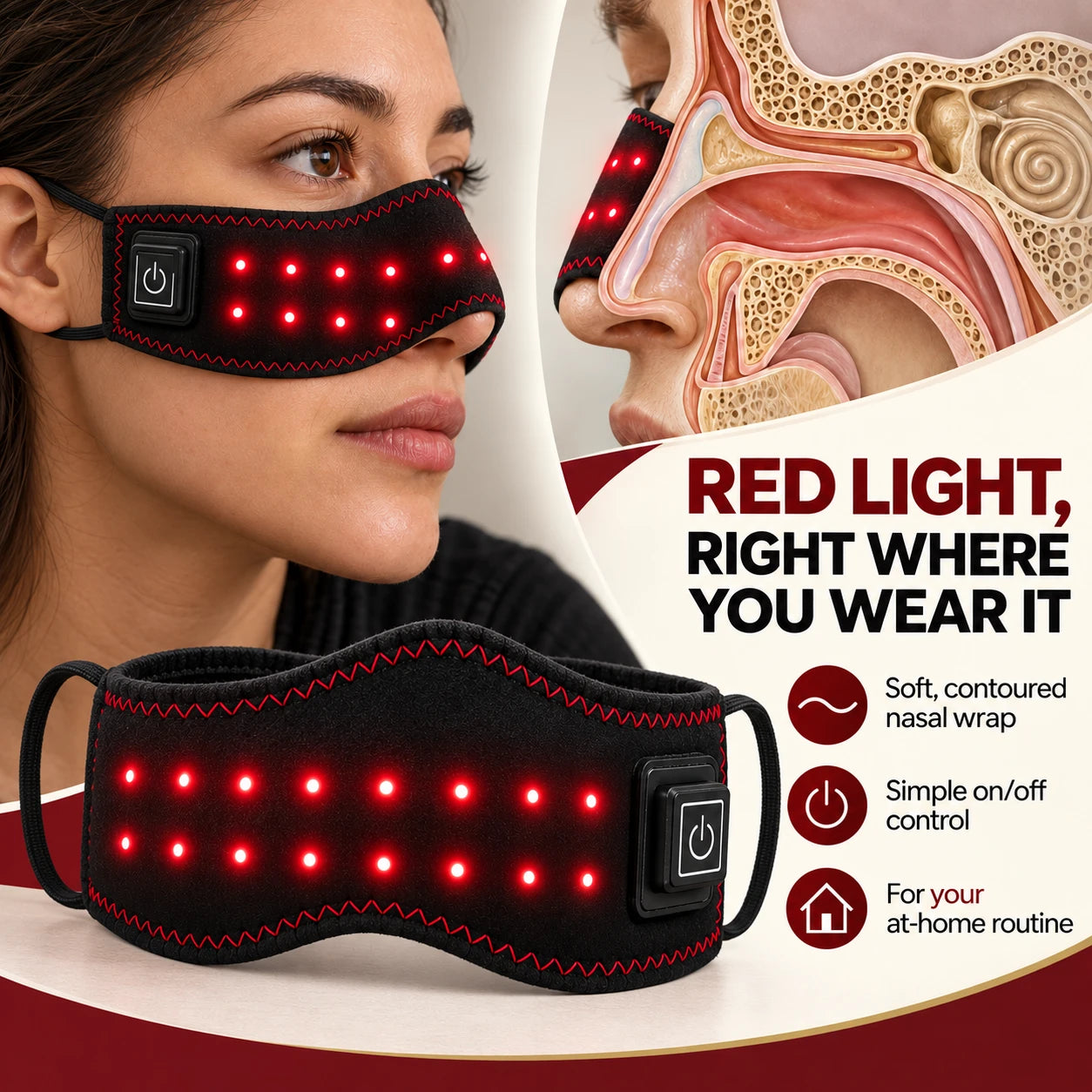 Woman wearing the Sinus red light nasal wrap